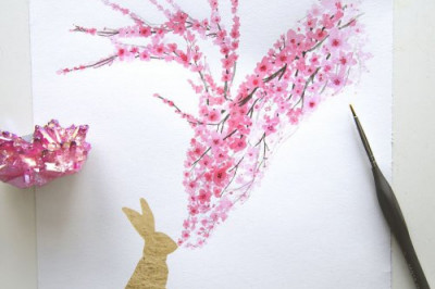 Акварельные рисунки птиц и животных из цветущей вишни .