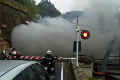 Паровой поезд выезжает из тоннеля 